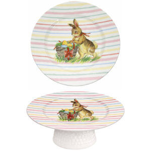 Boleira Prato Alto Páscoa Decoração Cerâmica Coelho Doces Sobre Mesa