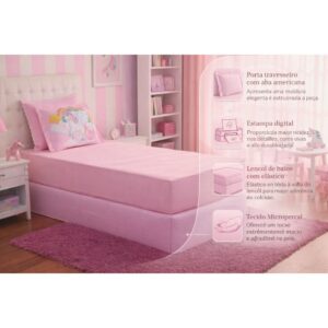 SOLTEIRO Jogo de Lençol Infantil 02 Peças Elásticado PERSONAGENS Rosa/Lilás Estampa Exclusiva