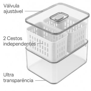 Kit Pote Organizador Geladeira 2,2L Clear Fresh Cesto Fruta Verdura Alimentos Divisoria Multiuso