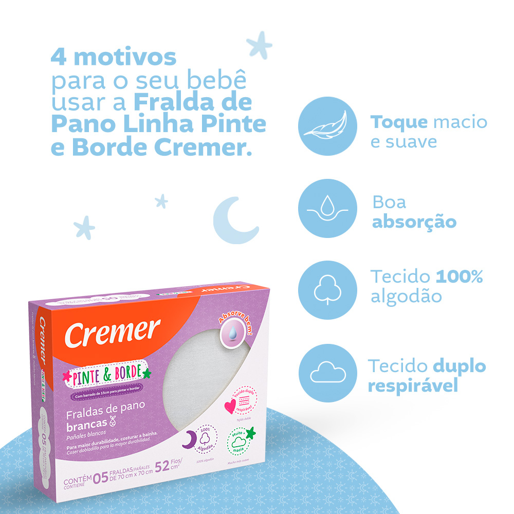 Fralda de Pano Pinte e Borde Branca 5 unidades- Cremer