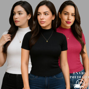 Kit 3 Blusa Canelada Feminina Gola Alta Manga Curta