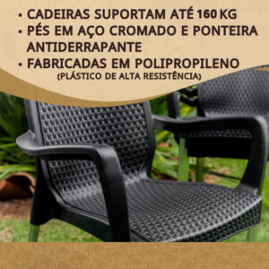 Conjunto de Mesa com 4 Poltronas Rattan Luxo com Braço Reforçadas UV Empilhável Área Lazer Festa Bar