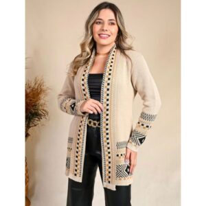 Cardigan Kimono Feminino Tricot Detalhes Geométricos Inverno Elegante Cardigã Tricô