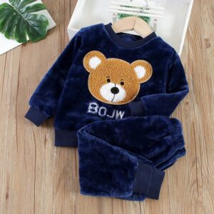 Conjunto De Pijama De Flanela De 2 Peças Com Top + Calça De Urso De Desenho Animado , Roupas De Bebê Para Meninos E Meni