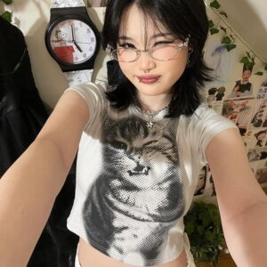 Camiseta Básica Feminina Branca Com Gola Redonda E Manga Curta Y2K Harajuku Estampa Animal