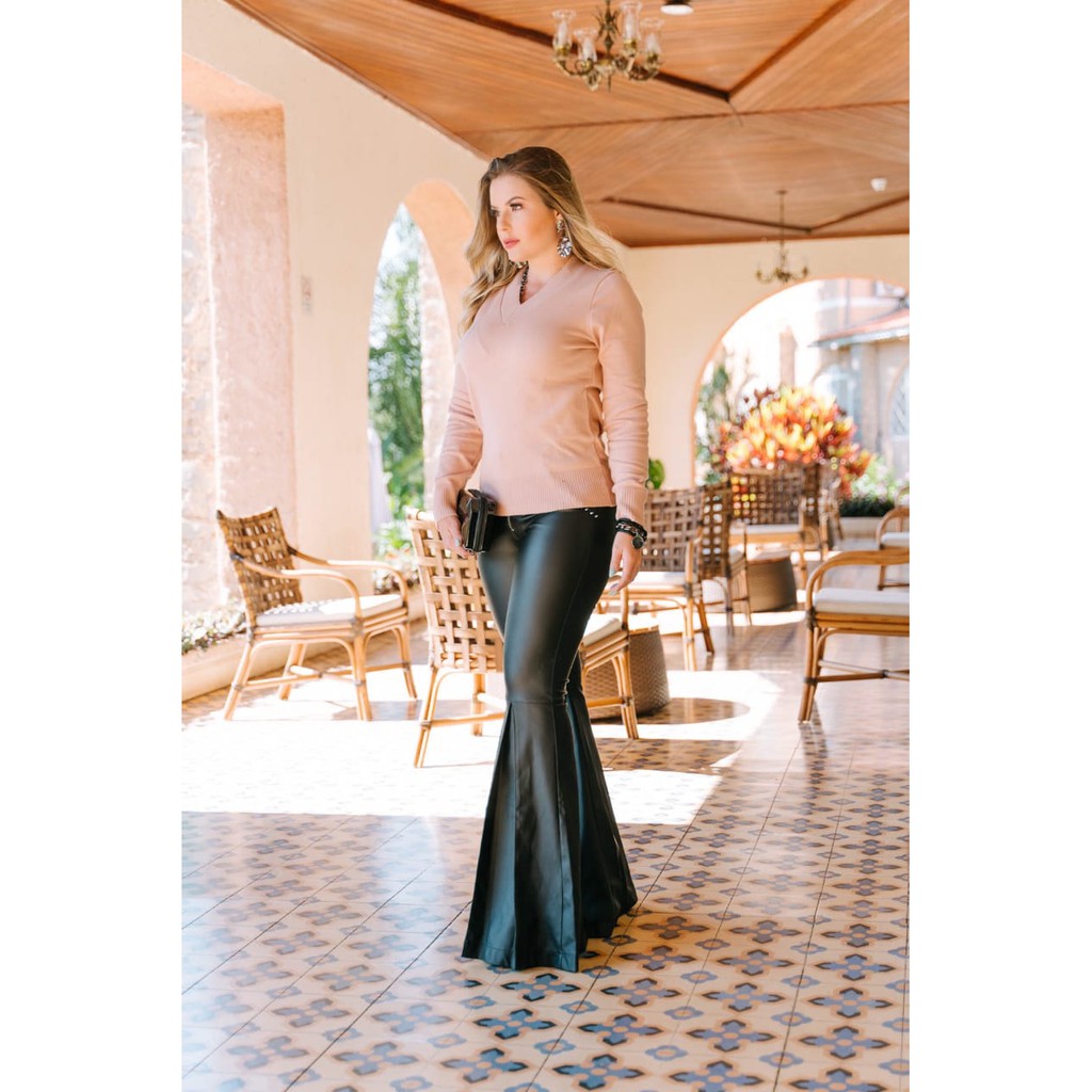 Blusa Básica tricot decote V elastano Moda Feminina Inverno Linha