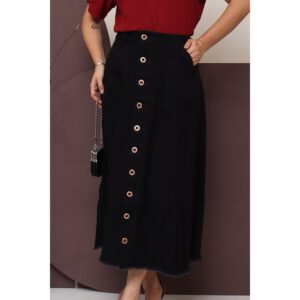 Saia Jeans Longa Preta Toda Lisa Com Botões e Bolsos Moda Evangélica 100% Jeans Luxo