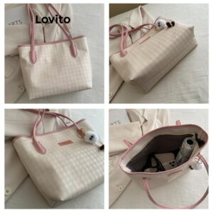 (Trendy) Lovito Bolsa De Ombro Casual Bolsa De Estrutura Lisa Bolsa De Ombro Remendada Para Mulheres LFA43710