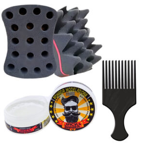 kit Esponja Nudred Dupla Enrolar Cabelos P M G + Cera + Pente Afro