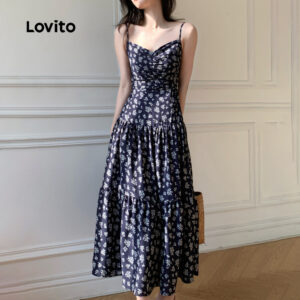 (New) Lovito Vestido Boho Plissado Primavera/verão Azul para mulheres L149LD392