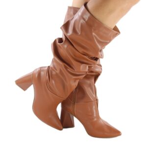 Bota Feminina Slouchy Franzida Cano Longo Salto Alto Bloco Grosso 7,5 cm Bico Fino Confortável Festa