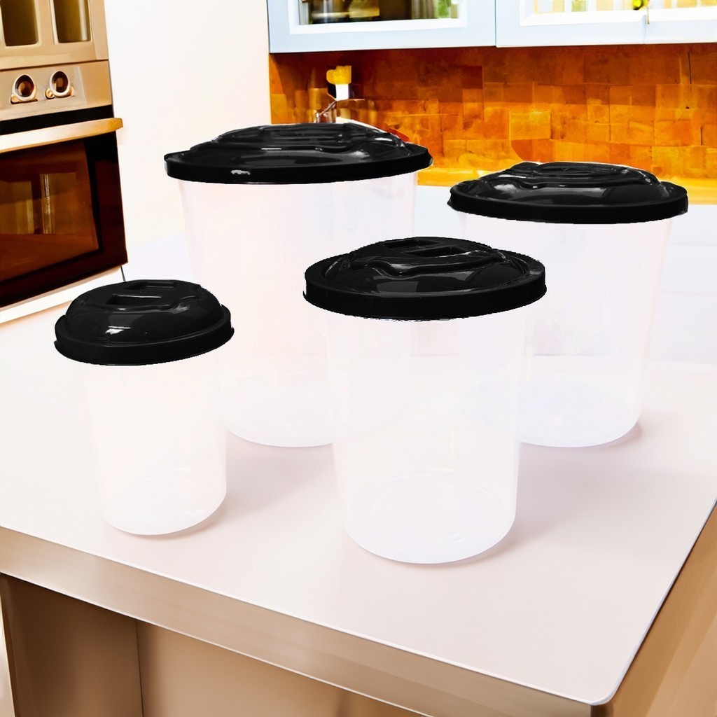 Kit 4 Pote Organizadores Redondo para Guardar Mantimentos Preto