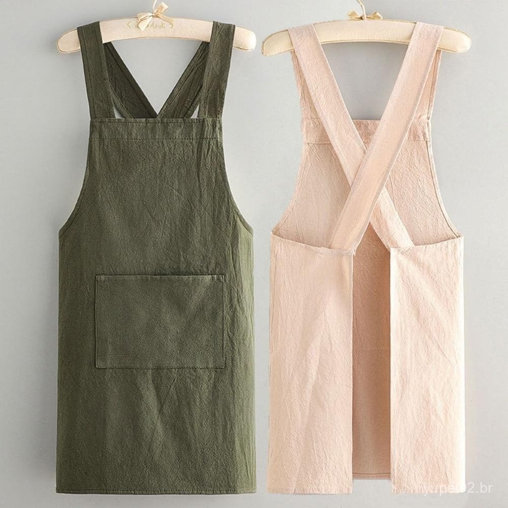 Avental Estilo Japonês Com Bolsos , Linho , Algodão , Costas Cruzadas Para Mulheres , Homens , Chef , Cozinha , Coziment