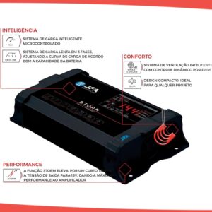 Fonte JFA Storm 60A Bivolt Carregadora Bateria Para Som Automotivo Trio Paredão Festa Show