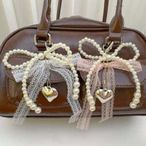 Chaveiro Com Laço De Pérola Dupla-Ornamento De Suspensão Y2K Para Menina-Corrente De Telefone De Renda Estilo Balé-Doce