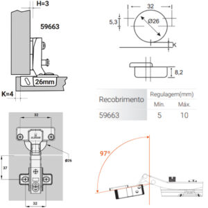 Kit 4 Dobradiça Armário Cozinha 26 Mm Curva + Parafusos