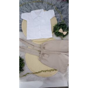 Conjunto Suspensório Infantil Bege Camisa Branca