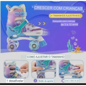 Patins Infantil Arco Íris Sereia Lilás Sereia Rosa Quad Ajustável Rodas Com Led Kit Proteção