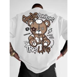 Camiseta Masculina Algodão Premium Adulto Plus Size Infantil Streetwear Urso Smile Marrom NEW Confort Life Face Cartoon