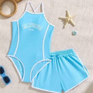 2025 novo estilo gaze maiô infantil de três peças feminino Cross-Border impresso menina Split médio Mi