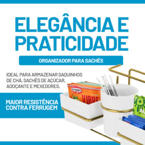 Organizador suporte para Sachês  chá açucar Mexedor e Guardanapos Dourado branco Future 1224BCD