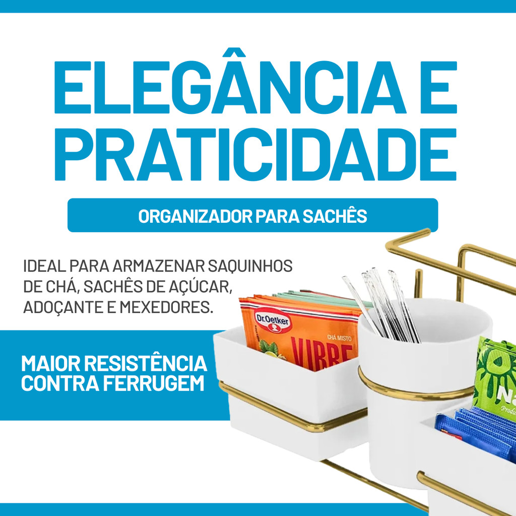 Organizador suporte para Sachês chá açucar Mexedor e Guardanapos Dourado branco Future 1224BCD