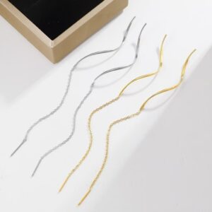 1 par de brincos longos ondulados de prata 925 para mulheres, banhados a ouro 18k