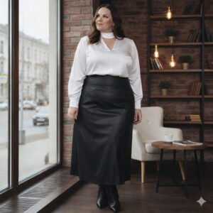 Saia Midi Couro Fake Plus Size Cintura Alta Elegante Moderna do 52 ao 58