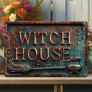 Casa de Bruxa Vintage 2D Rústica Placa Metálica de Parede Decoração de Halloween