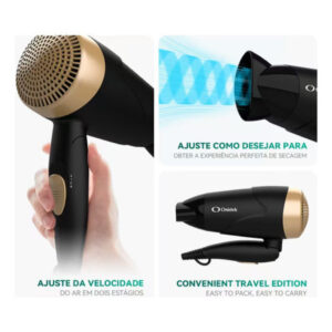 Secador De Cabelo Onistek Dobrável 1200W/1600W Ar Quente E Frio Portátil Premium Preto E Dourado