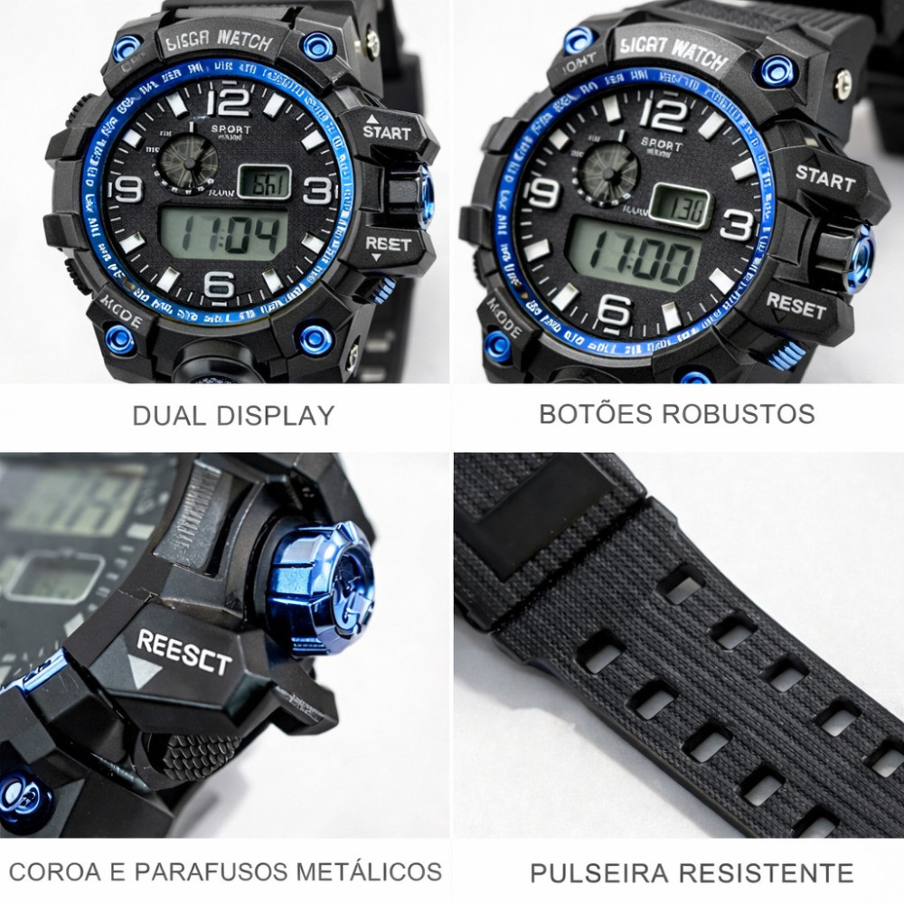 Kit Relógio Digital Esportivo Robusto Masculino + Óculos de Sol Lupa Espelhada com Proteção UV400