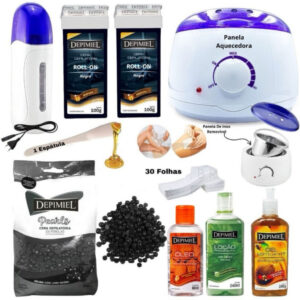 Kit Cera quente depilação Completo Panela + Aquecedor Rolon + Cera