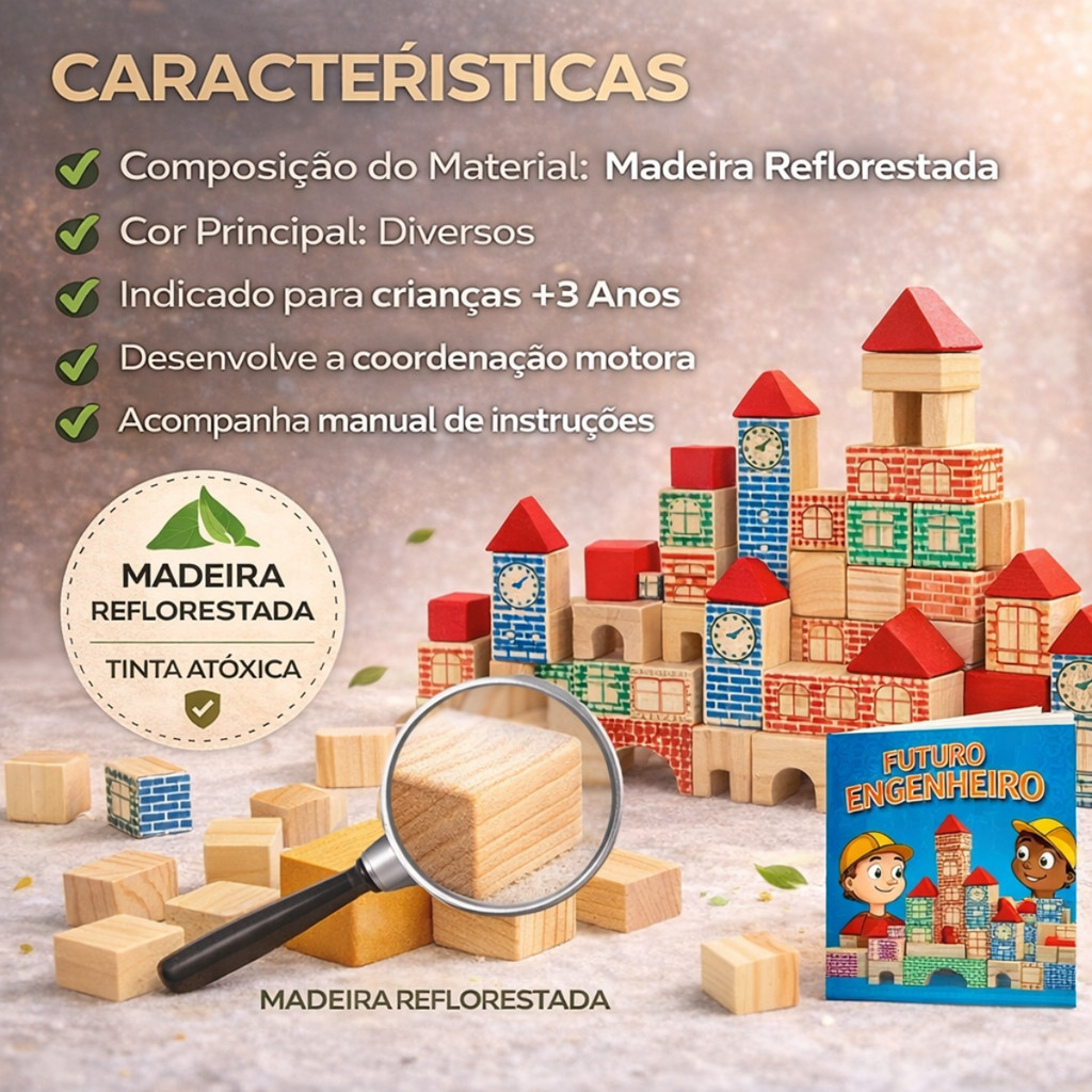 Brinquedo Educativo Blocos de Montar Madeira Brincando de Engenheiro Pedagógico Construção Castelo Pequeno Arquiteto