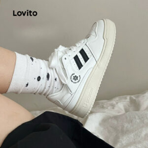 Lovito Tênis Esportivos Brancos Minimalistas para Todas As Estações Tênis Femininos brancos LFA87018