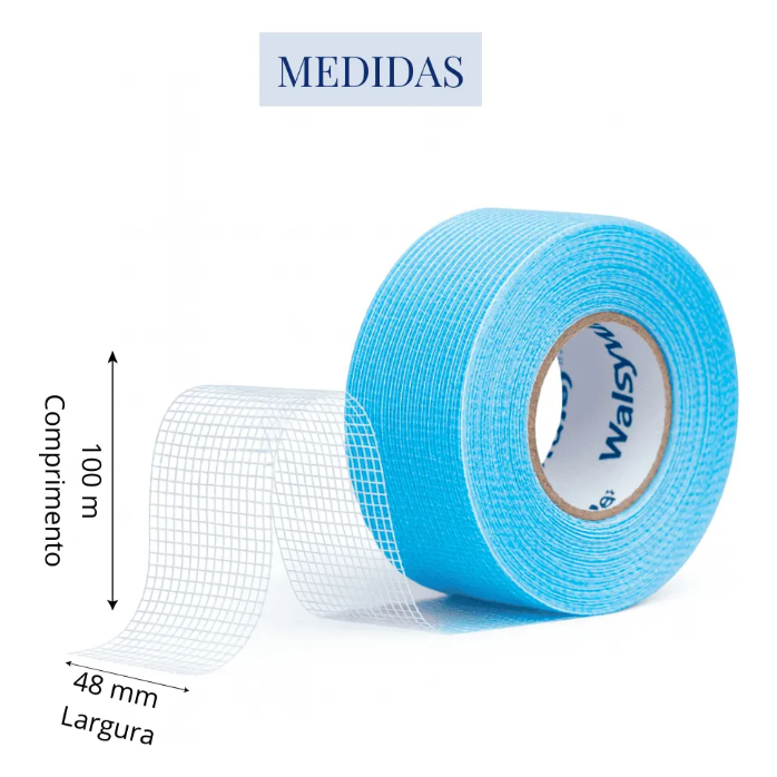 Fita Telada Waltape 100m X 48mm Drywall Fibra De Vidro Autoadesiva Azul