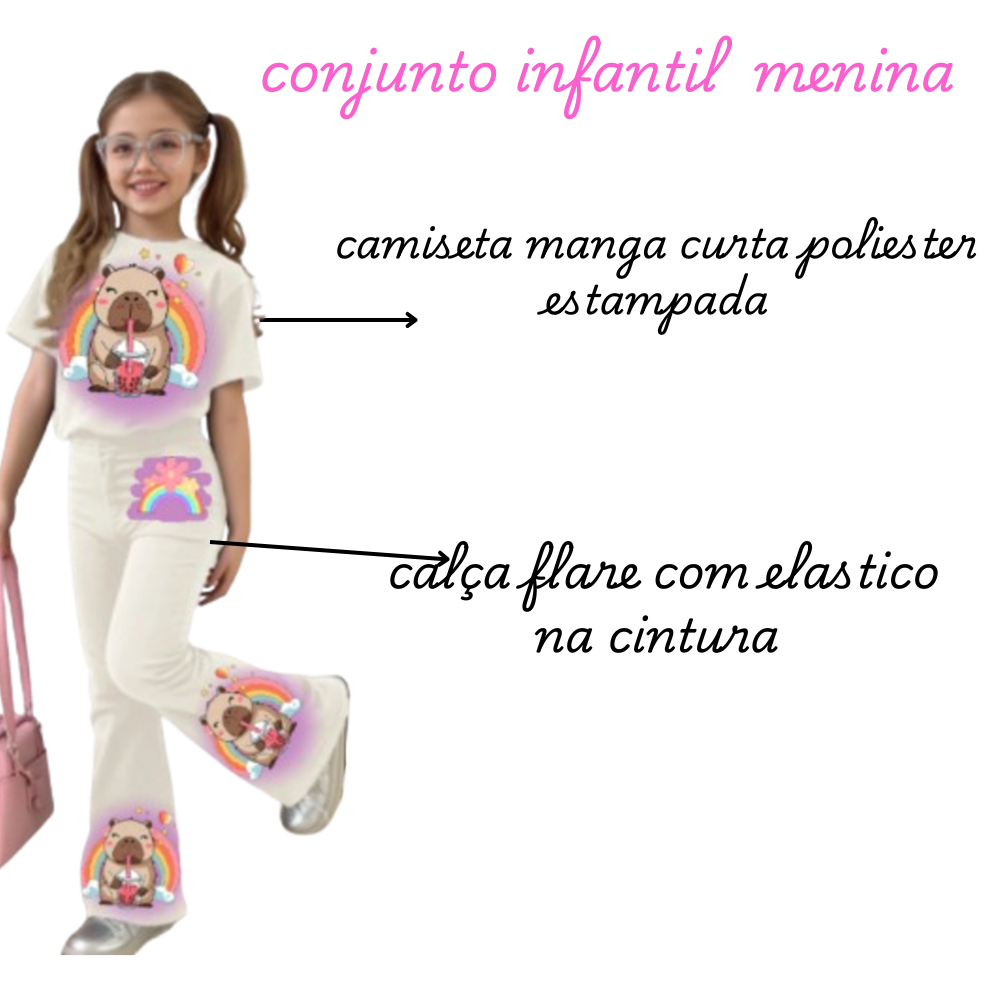 conjunto infantil moda feminina menina calca flaire camiseta estampa stitch tamanhos 2 ao 14
