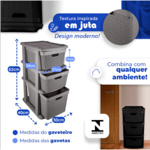 Gaveteiro Organizador de Chão em Plástico Juta com 3 Gavetas 15L e 22L Multiuso- Jaguar
