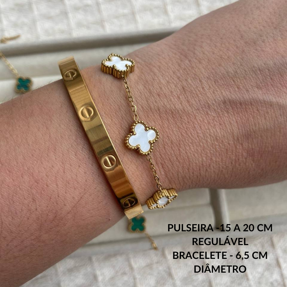 Kit Conjunto Bracelete Pulseira Trevo Virgínia Aço Inoxidável