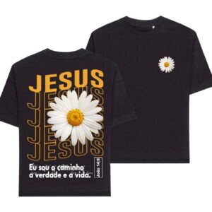 Camiseta Feminina Oversized ou T-shirt Estampa Cristã Gospel Fé Jesus Cristo Cruz Flor Girasol Preta