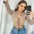 Cropped Top Feminino 2 Em 1 Com Decote E Amarração Costas Nua Manga Longa Tendência Gringa Blogueira