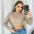 Cropped Top Feminino 2 Em 1 Com Decote E Amarração Costas Nua Manga Longa Tendência Gringa Blogueira